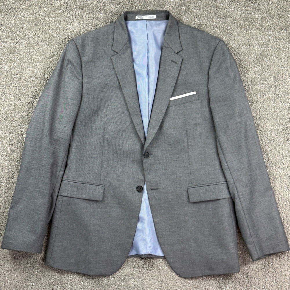 Zara Man Mens 44 Gray Blazer Two Button Sport Coat Suit Jacket Tailored